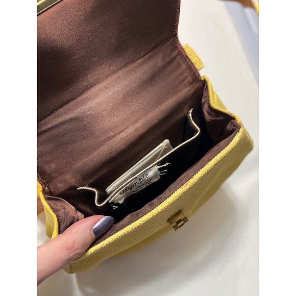 Vintage 1960s Yellow Suede & Fabric Handbag With Gold Clasp - Picture 13 of 16